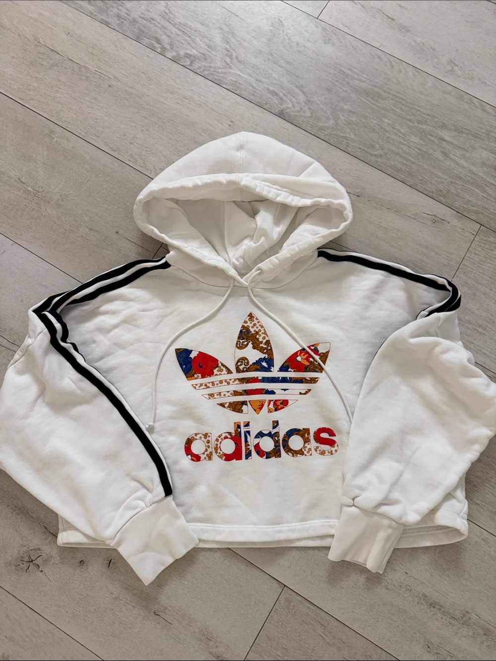 adidas White Crop Hoodie with Multicolor Trefoil